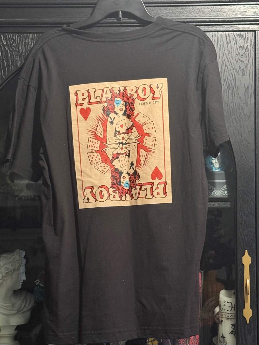 PLAYBOY Black Short Sleeve Tee with Retro Playing Card Graphic